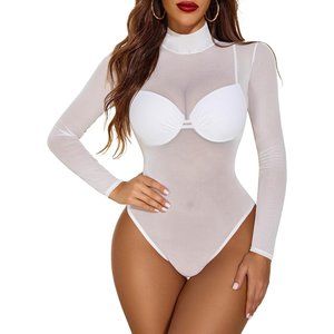Women's Turtleneck Bodysuit Sheer Mesh Shirt Tops Stretchy Mesh Top-White